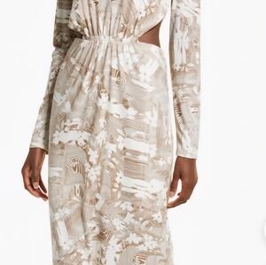 Open Edit. NWT XXS Fitted Cut Out Tan And Ivory Calf Length Dress